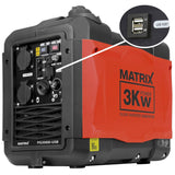 Matrix Notstromaggregat Benzin leise Inverter Stromerzeuger 3300 Watt Stromgenerator mit USB Stromaggregat digitaler Generator 230V 12V leicht tragbar Eco Modus PG 3000i-USB | 4 Takt | 59 dB(A) | 24kg