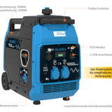 Güde Inverter Stromerzeuger ISG 3200-2 (4-Takt Motor, Benzin, 4,5/6,1 (kW/PS), 2x 230 V, 1x 12 V, 2x USB, max. 3500 W, Laufzeit bis 7,5 h, Tank 7,8 l, ECO-Funktion, Re-Start-Knopf, Fahrwerk, TÜV/GS)