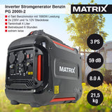 Matrix Notstromaggregat Benzin leise 2000 Watt Digitaler Generator Inverter Stromerzeuger Stromaggregat tragbar Stromgenerator silent | PG 2000i-2 | 4-takt | 2x230V | leise 59 dB(A)