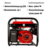 Stromgenerator mit Benzin | Stromerzeuger mit Zubehör | Notstromaggregat leise | 5 Steckdosen 3x 230V / 1x 400V / 1x 12 V | 6,5 PS (Stromgenerator mit Zugstarter)