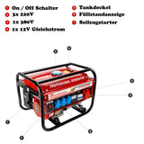 Stromgenerator mit Benzin | Stromerzeuger mit Zubehör | Notstromaggregat leise | 5 Steckdosen 3x 230V / 1x 400V / 1x 12 V | 6,5 PS (Stromgenerator mit Zugstarter)