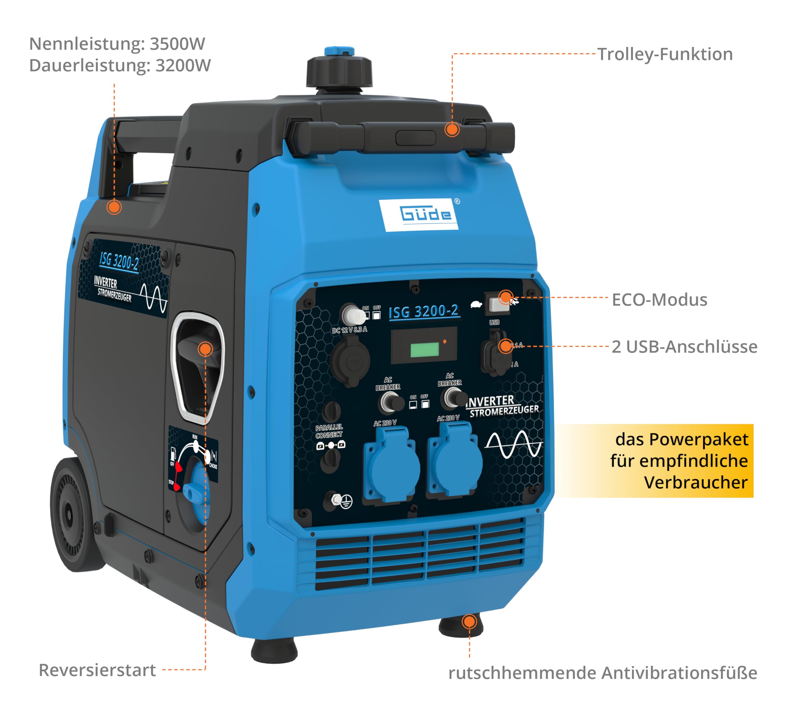 Güde Inverter Stromerzeuger ISG 3200-2 (4-Takt Motor, Benzin, 4,5/6,1 (kW/PS), 2x 230 V, 1x 12 V, 2x USB, max. 3500 W, Laufzeit bis 7,5 h, Tank 7,8 l, ECO-Funktion, Re-Start-Knopf, Fahrwerk, TÜV/GS)